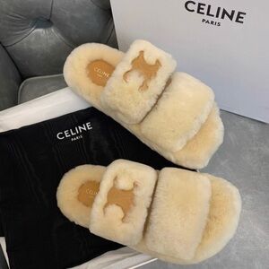Celine Cream Shearling Slippers